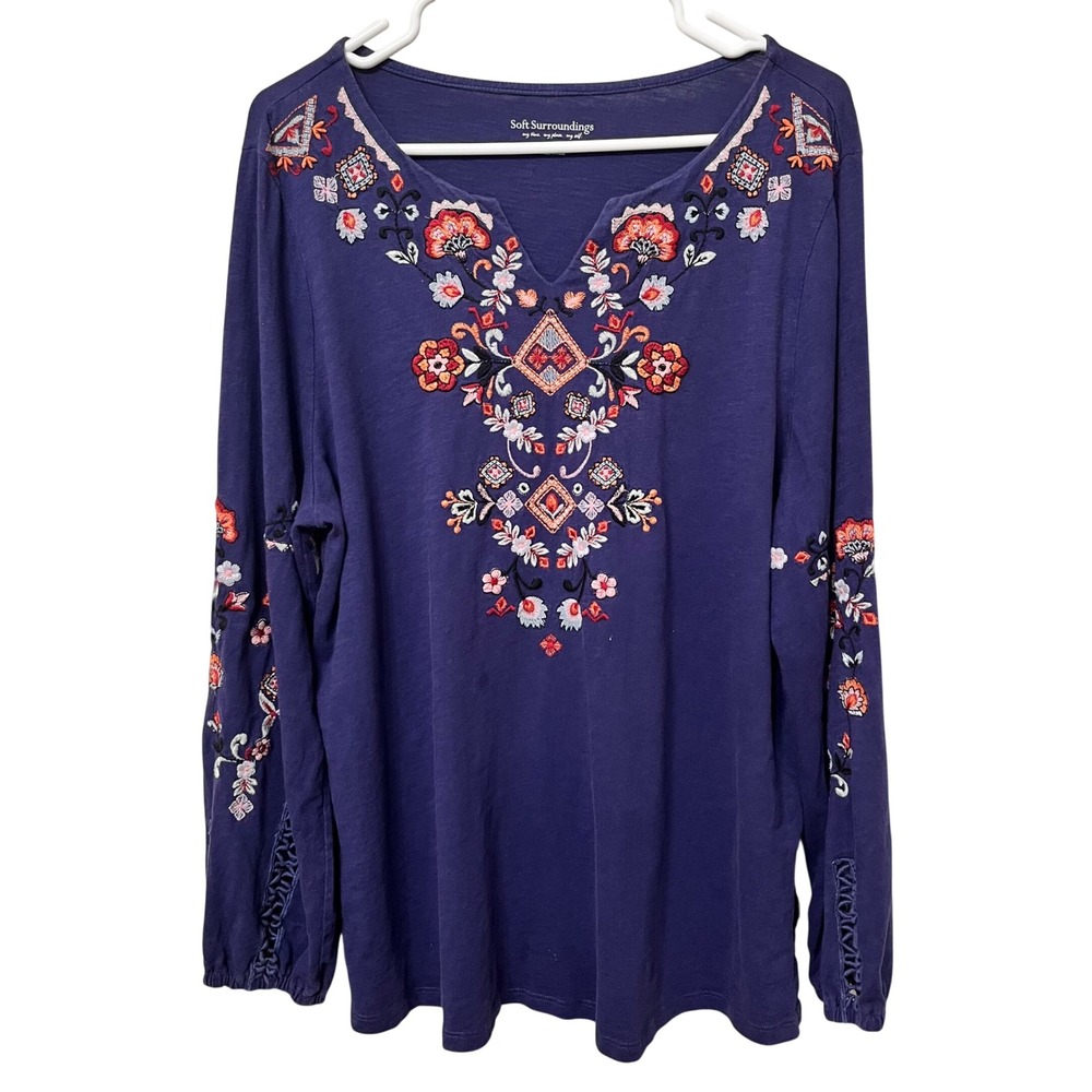 Soft Surroundings Womens Large Indigo Blue Embroidered Floral Slub Cotton Top